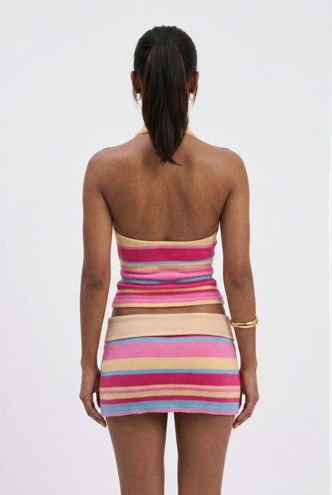 Ribbed Knit Striped Halter Top and Mini Skirt Set