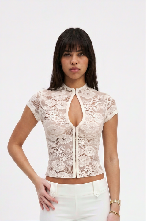 Cream Lace Peekaboo Short Sleeve Top