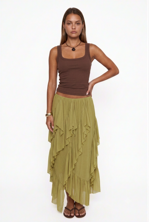Asymmetrical Cascading Ruffle Long Skirt