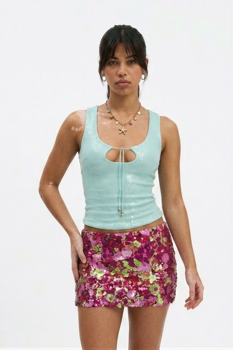 Light Blue Sequin Keyhole Tank Top