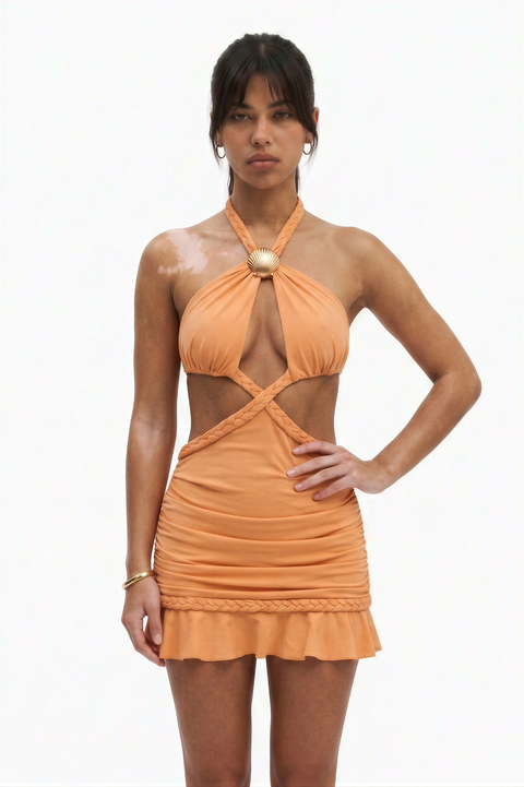 Orange Halter Cutout Ruched Mini Dress