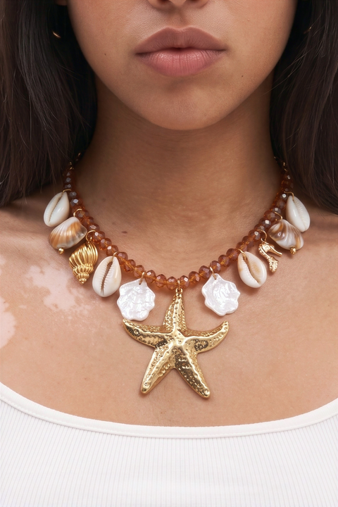 Golden Starfish and Seashell Statement Necklace