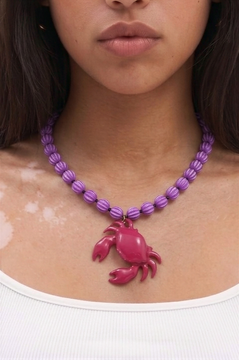 Pink Crab Charm & Purple Beaded Necklace