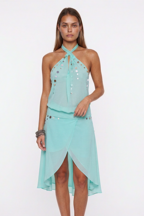 Mint Green Sequin Embellished Halter Dress
