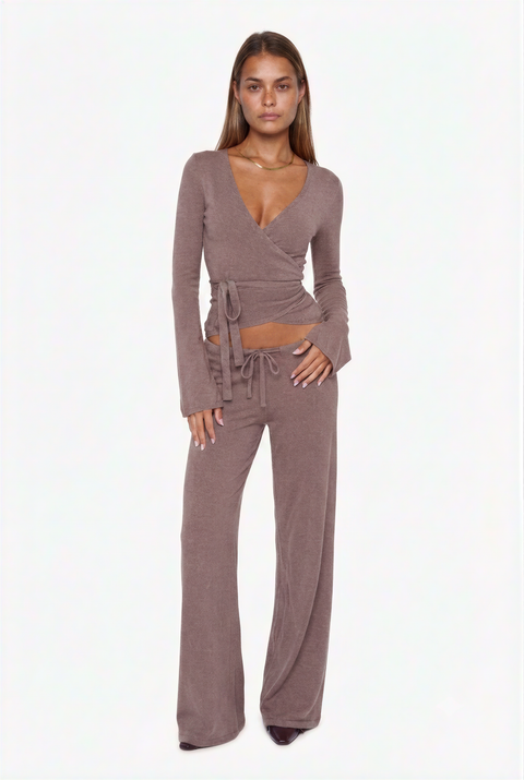 Ribbed Knit Wrap Top & Wide-Leg Pants Lounge Set