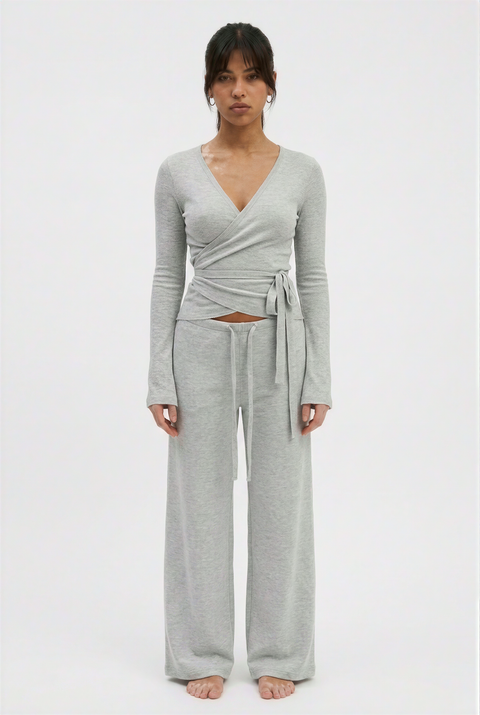 Ribbed Knit Wrap Top & Wide-Leg Pants Lounge Set