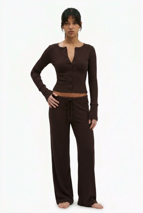 Ribbed Button-Up Top & Drawstring Wide-Leg Lounge Set