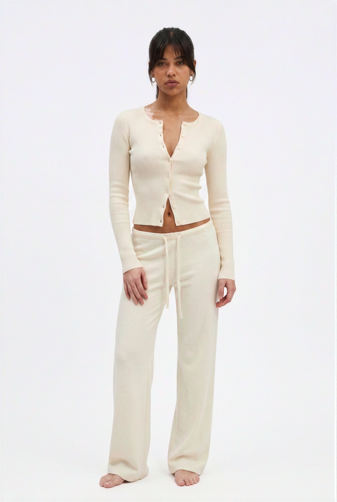 Ribbed Button-Up Top & Drawstring Wide-Leg Lounge Set