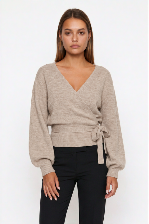 Heather Grey V-Neck Knit Wrap Sweater