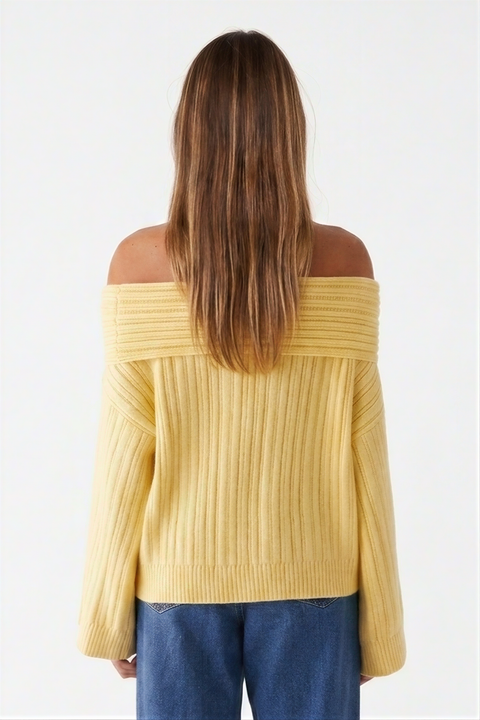 Pastel Yellow Ribbed Off-the-Shoulder Knit Sweater