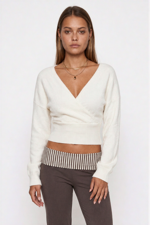 Ivory Cropped V-Neck Wrap Sweater