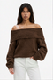 Chocolate Brown Ribbed Off-the-Shoulder Knit Sweater