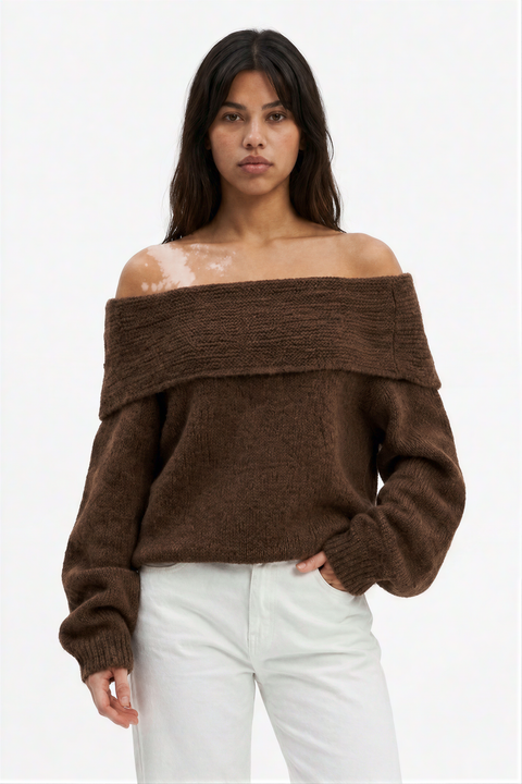 Chocolate Brown Ribbed Off-the-Shoulder Knit Sweater