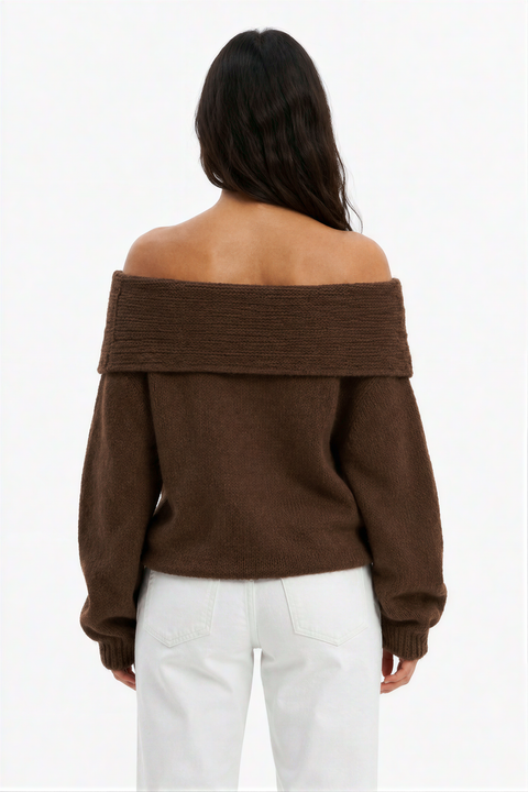 Chocolate Brown Ribbed Off-the-Shoulder Knit Sweater