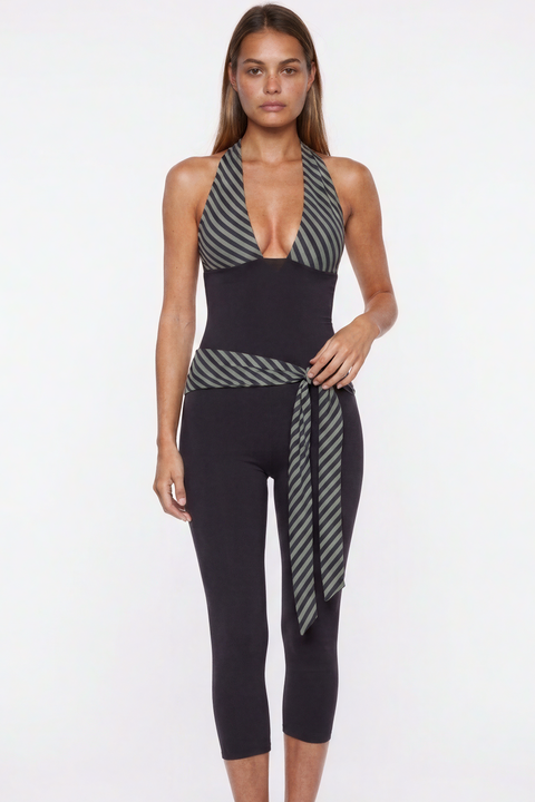 Chevron Stripe Halter Neck Cropped Jumpsuit with Tie Waist