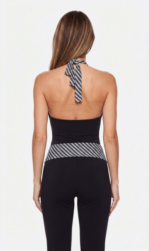 Chevron Stripe Halter Neck Cropped Jumpsuit with Tie Waist