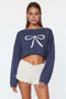 Dusty Blue Crewneck Intarsia Bow Crop Sweater