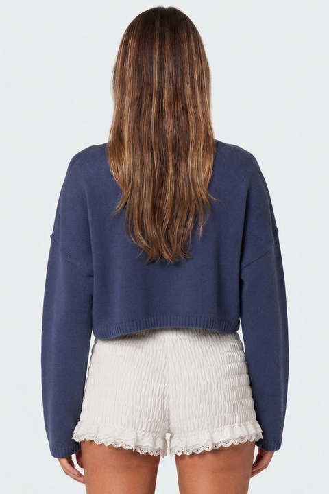 Dusty Blue Crewneck Intarsia Bow Crop Sweater