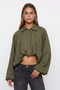 Collared Zip-Front Ruched Crop Jacket with Balloon Sleeves