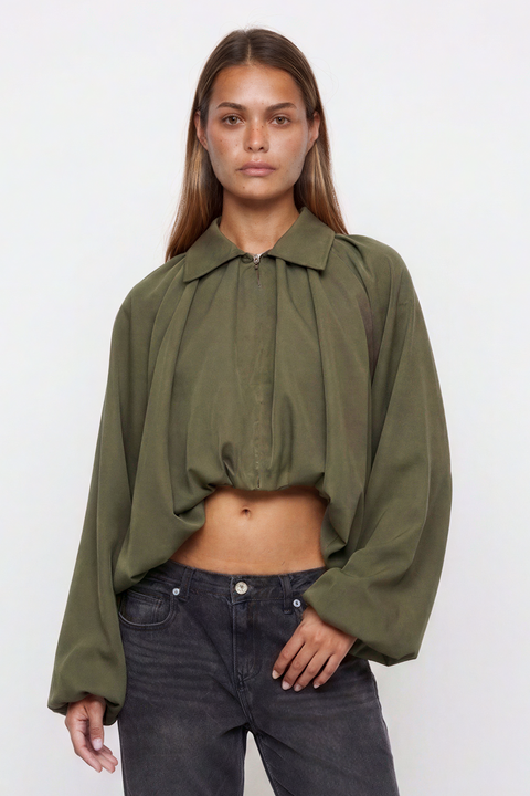 Collared Zip-Front Ruched Crop Jacket with Balloon Sleeves