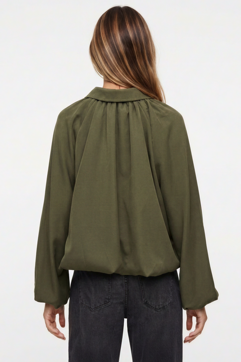 Collared Zip-Front Ruched Crop Jacket with Balloon Sleeves
