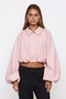 Collared Zip-Front Ruched Crop Jacket with Balloon Sleeves