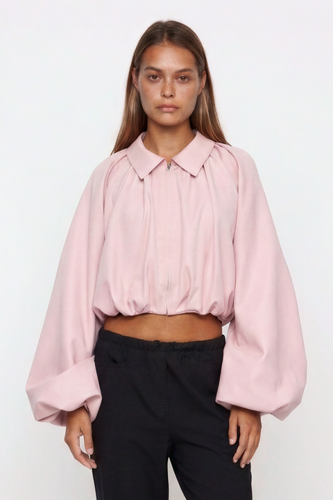 Collared Zip-Front Ruched Crop Jacket with Balloon Sleeves