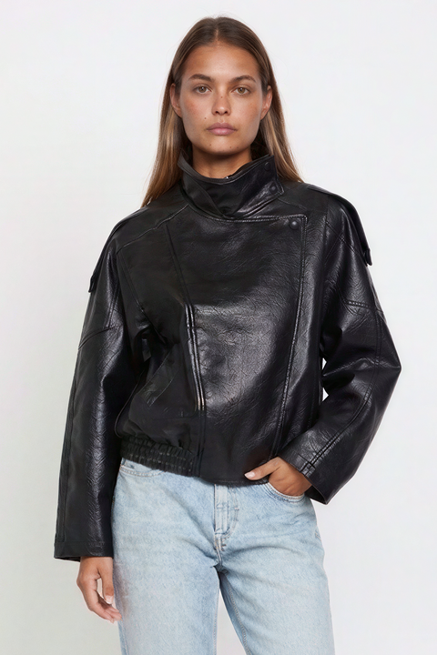 Black Crinkled Faux Leather Oversized Bomber Jacket