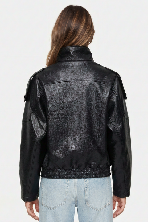 Black Crinkled Faux Leather Oversized Bomber Jacket