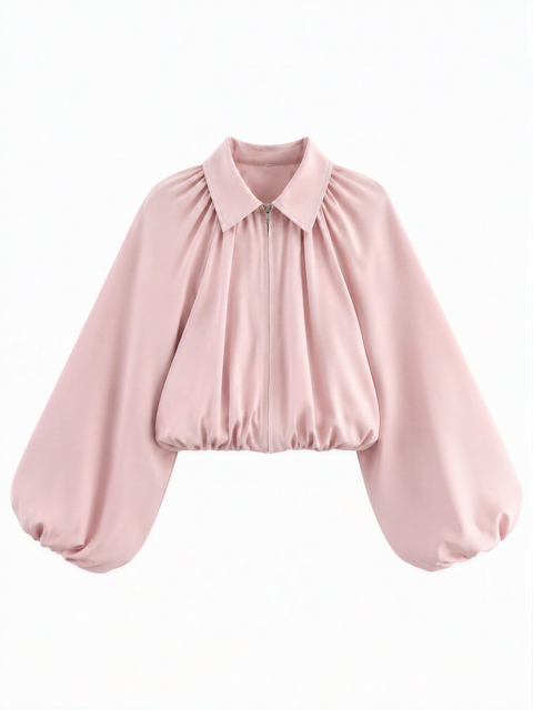 Collared Zip-Front Ruched Crop Jacket with Balloon Sleeves