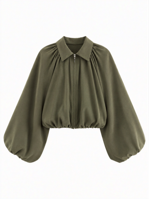 Collared Zip-Front Ruched Crop Jacket with Balloon Sleeves