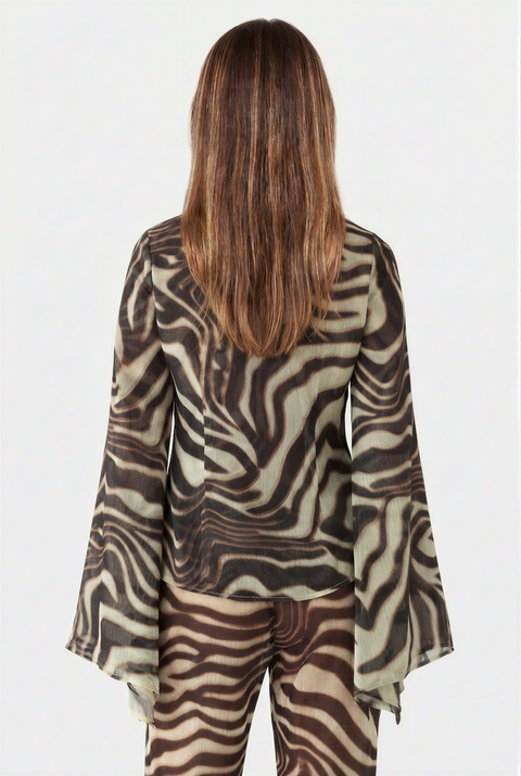 Zebra Print Sheer Mesh Tie-Front Top and Wide-Leg Pants Set