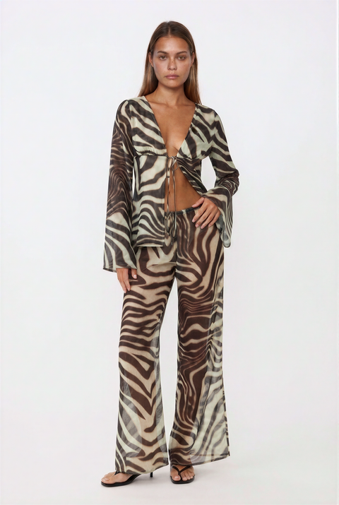 Zebra Print Sheer Mesh Tie-Front Top and Wide-Leg Pants Set