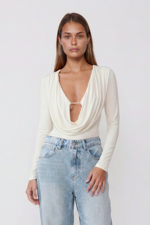 Deep Cowl Neck Long Sleeve Bodysuit