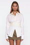 Wrap-Front White Button-Down Shirt with Extended Cuffs