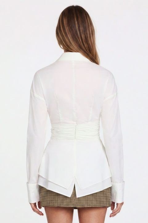 Wrap-Front White Button-Down Shirt with Extended Cuffs