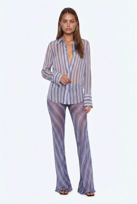 Two-Piece Striped Sheer Shirt and Wide-Leg Pants Outfit