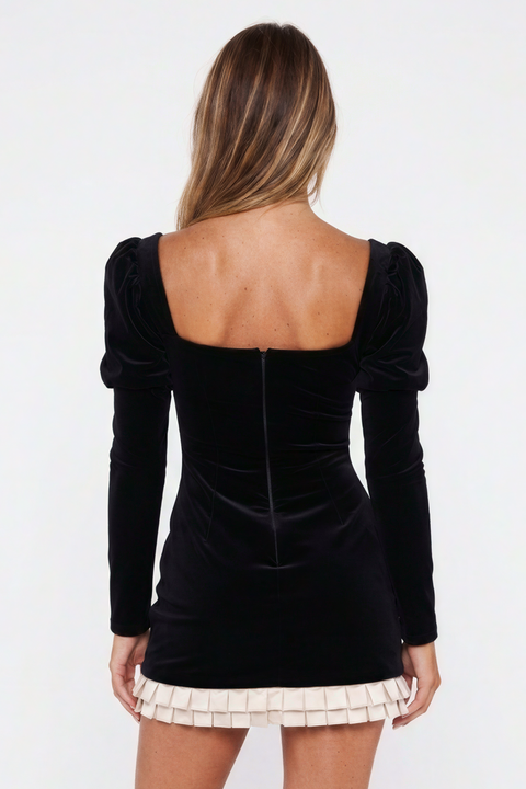 Black Velvet Contrast Ruffle Mini Dress