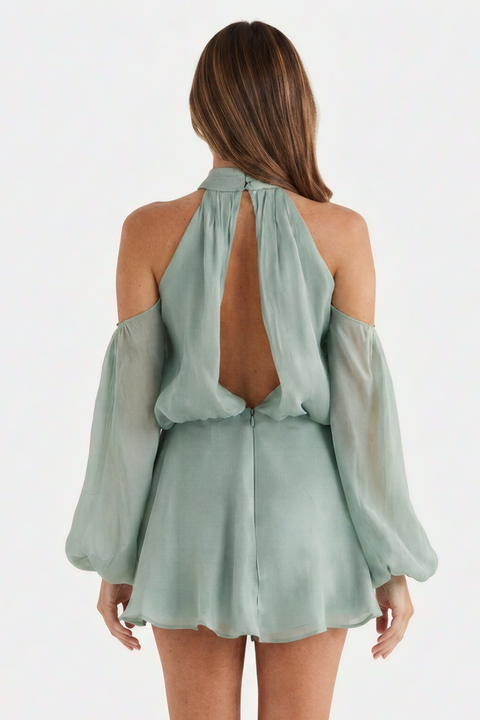 Sage Green Cold-Shoulder Halter Mini Dress