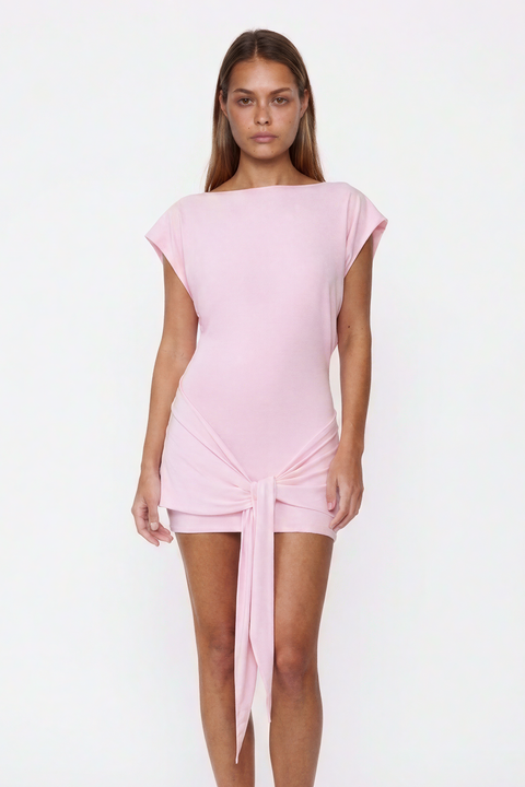 Light Pink Front-Tie Short Sleeve Mini Dress