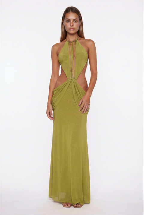 Olive-Green Cut-Out Halter Maxi Dress
