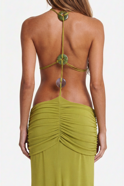 Olive-Green Cut-Out Halter Maxi Dress