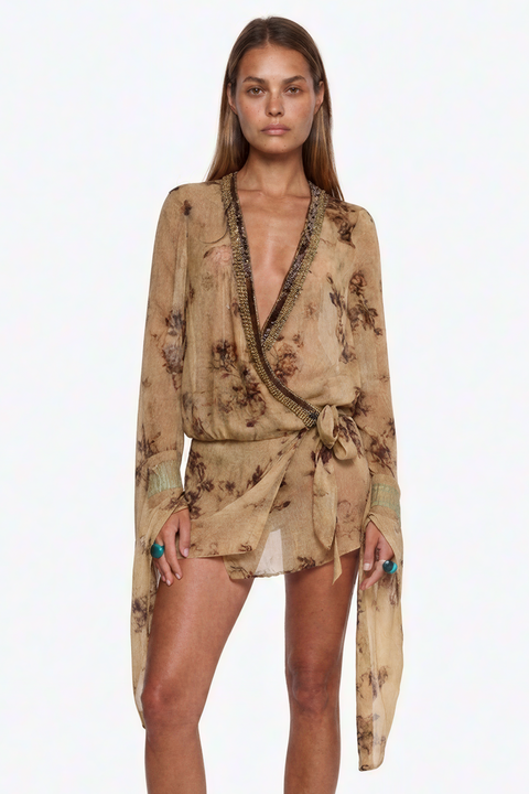 Beaded Floral Print Wrap Beach Dress