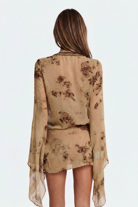 Beaded Floral Print Wrap Beach Dress