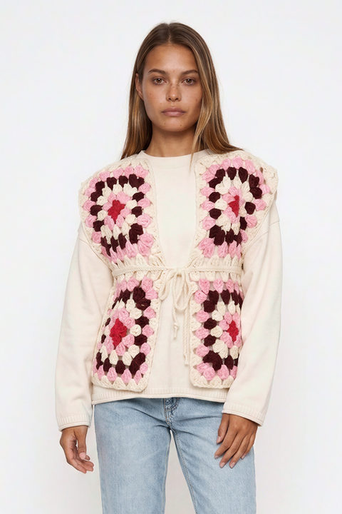 Boho Granny Square Crochet Tie-Front Vest