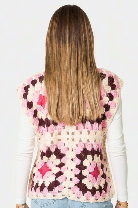 Boho Granny Square Crochet Tie-Front Vest