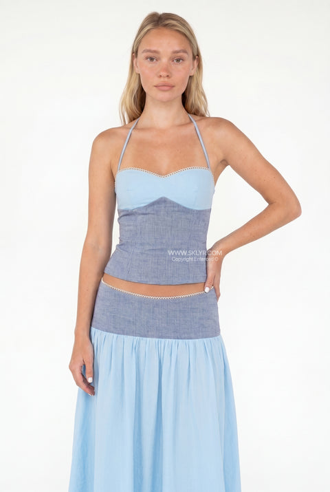 Sky Blue Halter Corset Top & Maxi Skirt Two-Piece Set