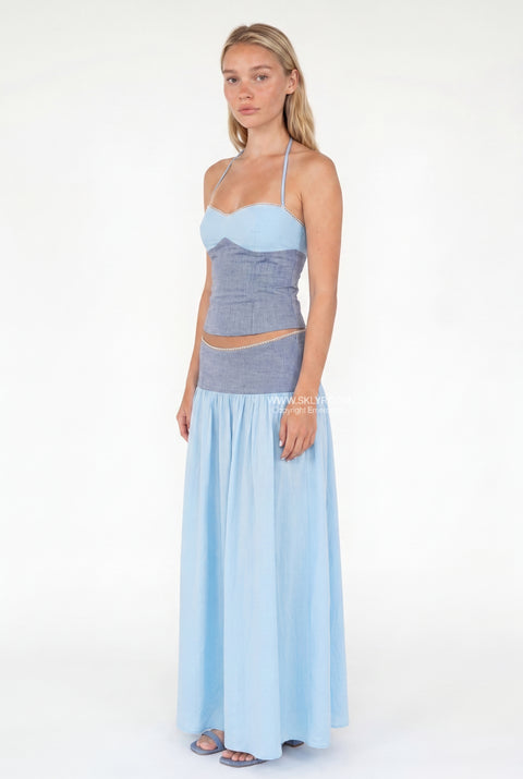 Sky Blue Halter Corset Top & Maxi Skirt Two-Piece Set