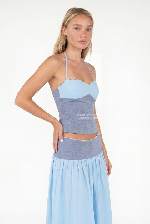Sky Blue Halter Corset Top & Maxi Skirt Two-Piece Set