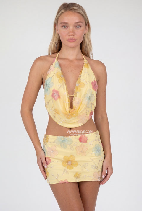 Yellow Floral Halter Bikini Set